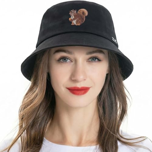 ZLYC Chapeau de pêcheur brodé Unisexe à la Mode Chapeau d'été Chapeau d'extérieur pour Adolescents, Écureuil Noir, Taille Unique
