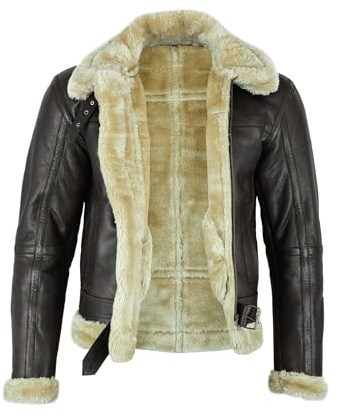 Leatherick para hombre Chaqueta de vuelo de piel de oveja, Chaqueta de cuero marrón (S)