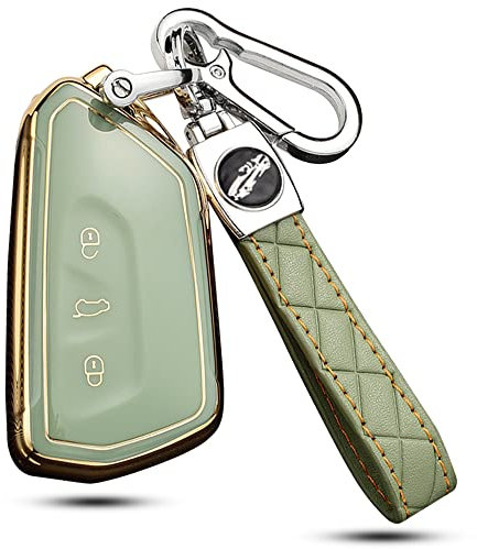 ontto Autoschlüssel Hülle mit Schlüsselanhänger Passt für VW Golf 8 R GTI ID.3 ID.4 ID.6X Seat Leon MK4 Skoda Octavia Enyaq 2020-2022 Fernbedienung Cover TPU Schutzhülle Schlüsseletui 3 Tasten-Grün