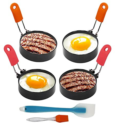 Anelli per Uova in Acciaio Inossidabile 4 Pezzi Stampi Antiaderenti Anti-scottatura con Pennelli e Spatole in Silicone per Cucinare Uova Fritte Pancake