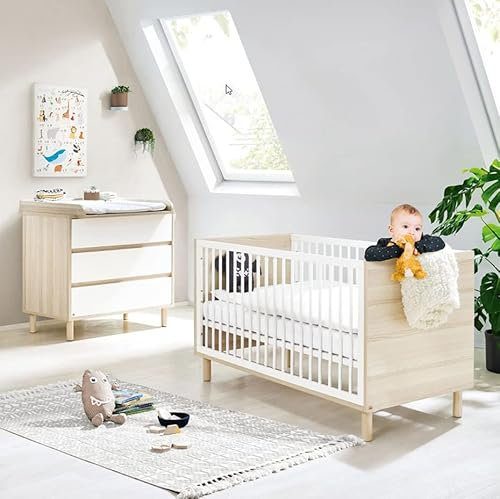 Lomadox Babyzimmer Set mit Babybett und Wickelkommode in weiß mit Esche Dekor