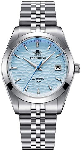 ADDIESDIVE Luxus automatikuhren Herren saphirglas Massives Edelstahlarmband mit elegantem weißem Ocean Wave Zifferblatt