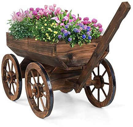 OIPRTGFJ - Wooden Planter Outdoor Balcony Decor, Rustic Wooden Flower Cart with Wheels for Outside Garden Decor, Wheelbarrow Planter for Patio