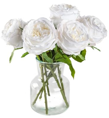 DuHouse Seidenrosen, künstliche Weiß Rosen mit Stielen, fühlt Sich echt an, künstliche Blumen für Arrangement, Hochzeit, Party, Heimdekoration, 5 Stück