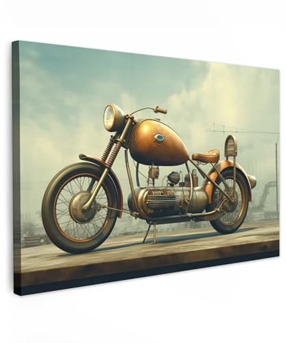 MuchoWow© Bild auf Leinwand Groß XXL Schlafzimmer Bilder Wand Deko | 120x80 cm - Wohnzimmer Modern Wanddeko Bilderwand Geschenk Leinwandbilder Motorrad - Braun - Vintage