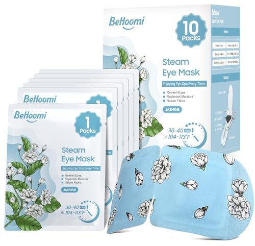 BeHoomi Steam Eye Mask, 10 Packs Heated Eye Mask, Self Heating Disposable SPA Warm Compress for Eyes Sleep Mask, Travel Essentials & Relaxation Gifts, Stocking Stuffers (Jasmine Scent)