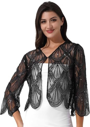 Sinleey Women's Sequins 1920s Vintage Crop Cardigan Long Sleeve Open Front Bolero Shrug for Evening Dresses Black One Size