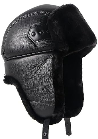 Winter Fliegermütze Skimütze for Herren, weiches Leder, Bombermütze, warme Wintermütze, schwarze Pelz-Ohrenklappenkappe mit Ohrenklappen, sowjetischer Papa-Hut Trappermütze für Snowboarden Skaten Radf