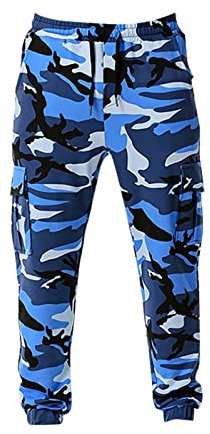 Sporthose Herren Kurz Jogginganzug Herren Baggy Jeans Jungs Hippie Kleidung Herren Cargohose Camouflage Hose Männer Causal Sporthose Elastische Freizeithose Schutzhose Kettensäge (Blue, XXL)