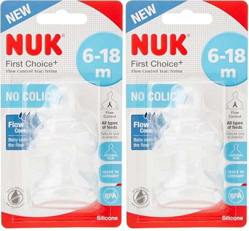 NUK First Choice+ Sauger für Babyflaschen | 6-18 Monate | Durchflusskontrolle | Anti-Kolik-Belüftung | BPA-frei | 2 Stück (Packung mit 2)
