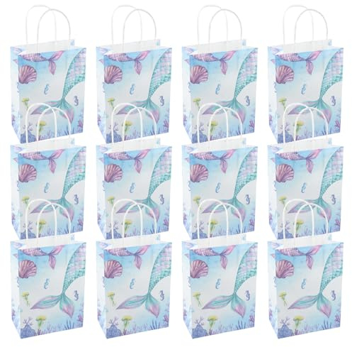 Nivofu 12 Stück Geschenktüten Bunt, Meerjungfrau Party Taschen, Papiertüten aus Kraftpapier mit Henkel, Gastgeschenke Tüten, Mitgebseltüten, Geschenktüten für Geburtstag - 15 * 8 * 21 cm (Blau-C)