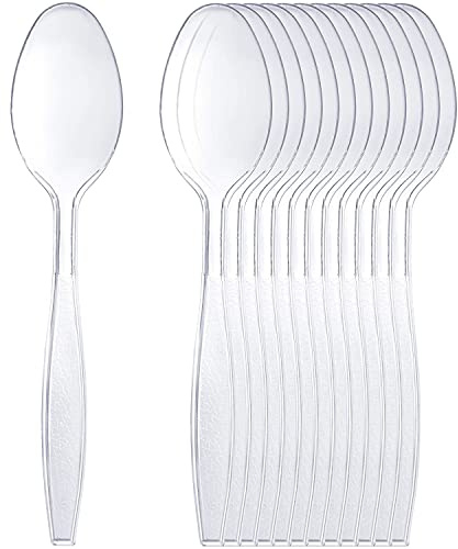 Lot de 150 cuillères en plastique transparent très résistantes, réutilisables et lavables, parfaites pour les fêtes, la vaisselle et la vaisselle, cuillères réutilisables