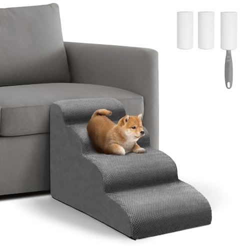 Mozvvco Hundetreppe für Kleine Hunde, 4 Stufen Haustiertreppe für Bett und Sofa aus Hochdichtem Schwamm, Hunde Treppen mit Abnehmbarer Bezug, Waschbar Haustierleiter, Senden Fusselrolle, Grau