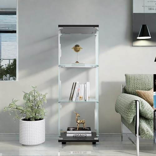 Vitrin av glas, hyllskåp, golvförvaring, transparent, modernt vitrinskåp, för bar, vardagsrum, sovrum, kontor (svart, 3 våningar, 125 x 42 x 36 cm)