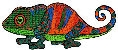 Chamäleon Grün Orange Blau Aufnäher zum aufbügeln oder aufnähen Bügelbild Aufbügler für Kleidung gestickter Bügelpatch Applikation Reptil Echse Patch Größe 10,9 x 4,4 cm