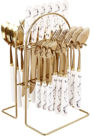 24-Piece Stainless Steel Dinner Cutlery Set With Stand Metal Rack Storage Knives Spoons Forks Teaspoons for family restaurants kitchens restaurants hotels parties etc (White handle with stripes)