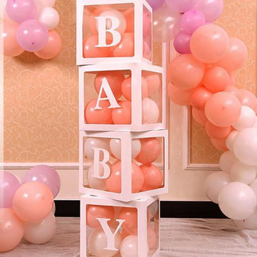 4Pcs Baby Shower Decoration Balloon Box,Clear Balloon Box,34 Letters LOVE+BABY+A-Z ,Suitable for Birthday Party,Bridal Shower,Christening,Gender Reveal,Wedding & Photography Prop Decoration (Pink)