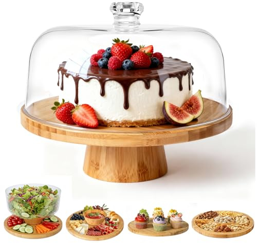 Masthome Cake Stand with Dome Lid,Wooden Cake Stand with Acrylic Dome,Multifunctional 6 in 1 Clear Cake Plate for Snack Fruit Server Salad Bowl Kitchen Party BBQ