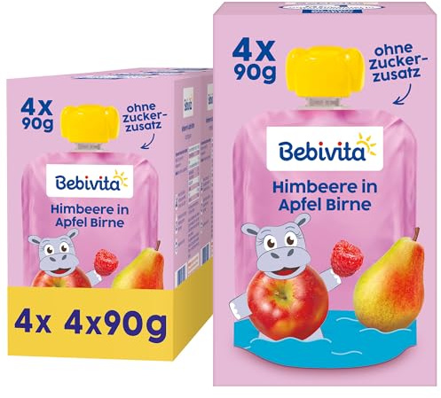 Bebivita Himbeere in Apfel Birne Quetschie – 16 Stück (4er Pack, je 4 x 90g), ohne Zuckerzusatz, glutenfrei, ideal für unterwegs und selbständiges Snacken