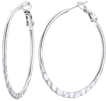 FOCALOOK Boucles d'Oreilles Créole Argent/Plaqué Or/Noir Femme Anneau 30/40/60/80 mm en Acier Inoxydable, Clous Oreilles à Motif de Marteau Plat Hoop Ear Bijou Cadeau avec Boîte