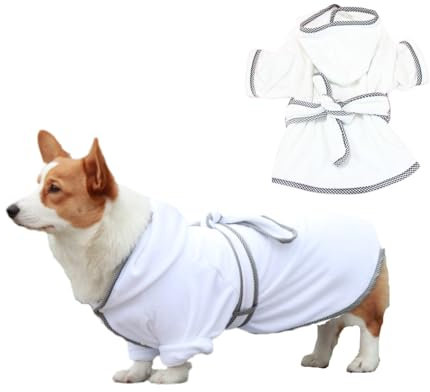 EUTYRG Hundebademantel mit Kapuze, 400 g/m², Mikrofaser, Trockentuch für Hunde mit Hüftgurt, für kleine und mittelgroße Hunde (weiß, 2XL)
