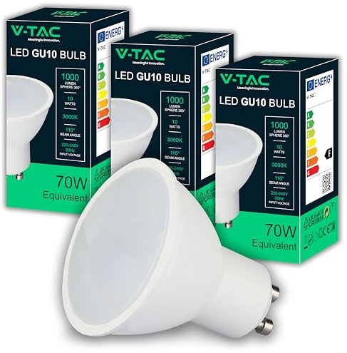 V-TAC 3x Bombillas LED GU10 - Alta Luminosidad 10W (Equivalente a 70W) - 1000 Lumen - Cubierta Satinada - Bombilla Máxima Eficiencia y Bajo Consumo - Paquete de 3-3000K Blanco Cálido