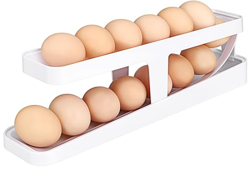 Hueveras Frigorífico Blanco Soporte para Huevos Rodante Bandeja Automático Plastico Organizador Dispensador 2 Capas Antideslizante para Almacenamiento Cocina 12-14 Huevos