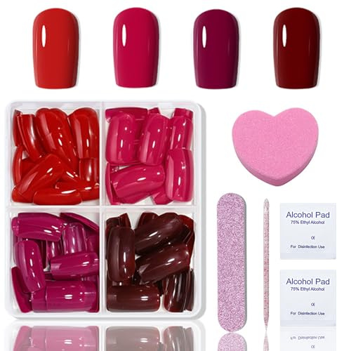 96PCS Rot Coffin Kunstnägel Zum Aufkleben - Full Cover Glänzendes Fake nails Soft Gel Press On Nails - Für Nageldesign angenehm zu tragen ür Frauen und Mädchen DIY zu Tägliches Datum
