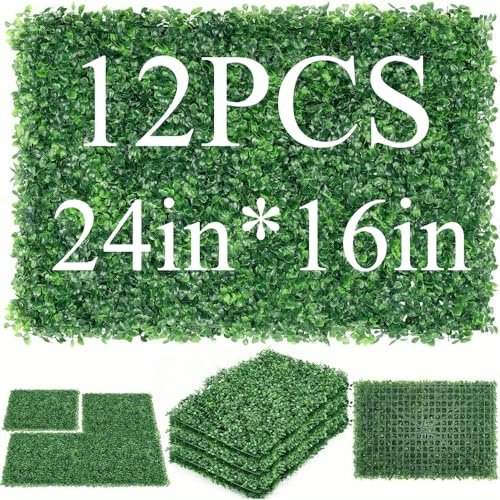 Artificial Boxwood Panels Topiary Hedge Plant, Privacy Hedge Screen Sun Protected Faux Grass Wall Greenery Mats for Outdoor Garden Fence Backyard, Indoor Home Decoration, 12 Pcs 24x 16