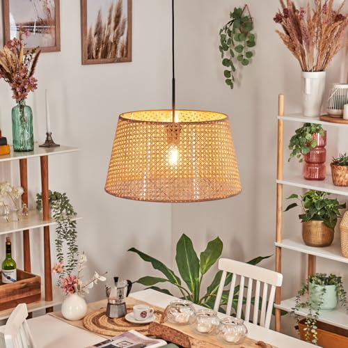 HOFSTEIN Hängeleuchte Barcos, Hängelampe aus Metall/Rattan/Wienergeflecht/Stoff in Schwarz/Natur, Pendelleuchte im modernen Design, Ø 45 cm, E27, Höhe max. 151 cm, Esszimmer, Wohnzimmer, Küche, Flur
