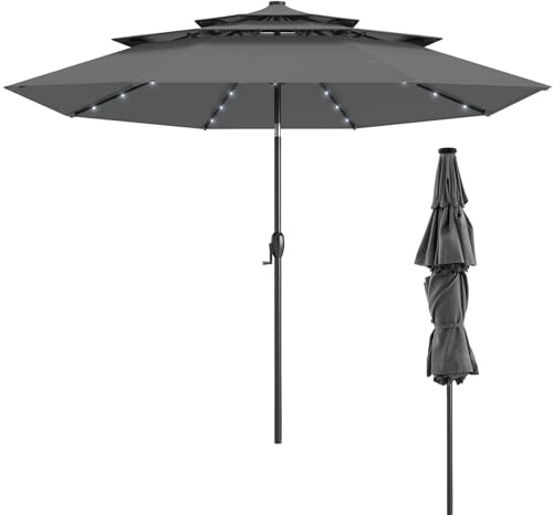 KOMFOTTEU 300 cm Sonnenschirm mit 32 LED-Lichtern & Kurbel, Gartenschirm neigbar mit 8 Knochen, Terrassenschirm für Balkon, Strand, Pool, ohne Standfuß (Grau)