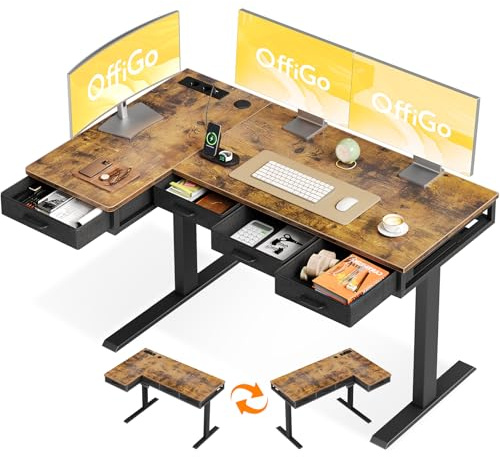 OffiGo Bureau Angle Assis Debout Electrique avec 4 Tiroirs, 140cm, Marron