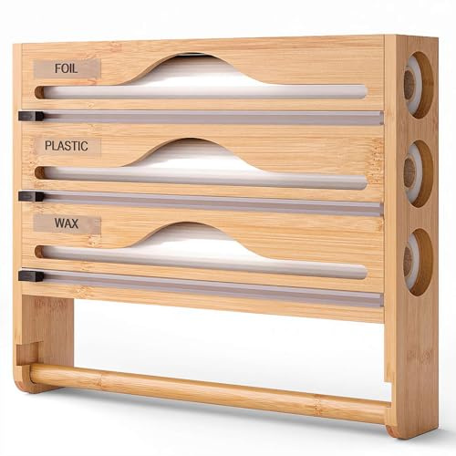 Foil Plastic Wrap Organizer Dispenser, Wall Mounted Bamboo Kitchen Paper Towel Holder with Spice Shelf, 3 in 1 12 Roll Dispenser with Cutter