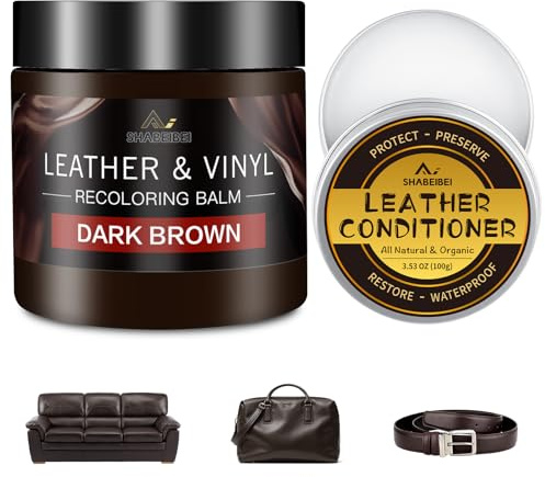 SHABEIBEI 200ml Leather Recoloring Balm with 100ml Conditioner, Dark Brown Leather Repair Kit and Scratch remover for Furniture, Car Seats, Sofas – Dye & Restorer for Couches, Vinyl, PU, Faux