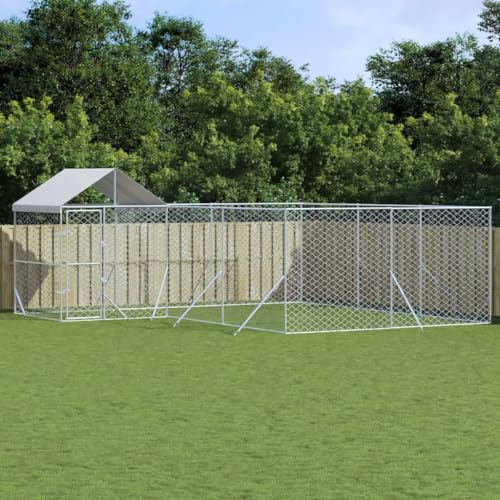 HOMEELIKE Outdoor-Hundezwinger mit Dach Silbern 6x6x2,5m Verzinkter Stahl