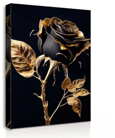 Galmcook Leinwand Bilder mit Rahmen – Wandbild 30x40 cm Schwarze Rose in Goldoptik, Kunstdruck auf Leinwand, Bilder für Wohnzimmer oder Schlafzimmer, Wandbilder Modern mit Haken und ohne Spuren Nägeln
