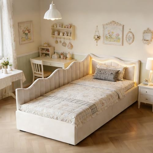 Barnsäng, klädsel, 90 x 200 cm, säng med förvaringsutrymme, barnsäng, flicka, enkelsäng med LED, sängram med ribbotten, ungdomssängar med sänggavel förvaringssäng, sammet, utan madrass (beige-B, 90 x