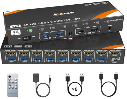 Commutateur KVM HDMI 8 ordinateurs et 1 moniteur, commutateur KVM USB 3.0 avec prise en charge 4K @ 60 Hz pour 8 PC avec clavier et souris communs, compatible avec Windows/Linux/Mac, etc