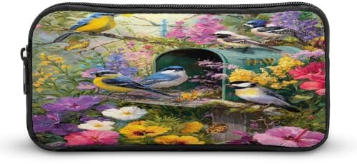 Birds and Mailbox Print Pencil Pouch Cute Pen Case with Zippered Aesthetic Makeup Bag