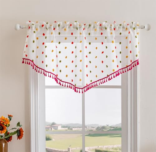 Yaland Jacquard Querbehang Transparente Triangle Scheibengardine mit bunten Pompons, Dreieck-Vorhang mit Quastenrand 1 Stück Rot HxB 60x140cm