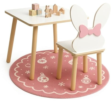 PlayPals Furniture Kinder Tisch mit Stuhl Set – Kindertisch mit Stuhl 50x50 cm, Kinderstuhl Tierform (Hase oder Maus mit Schleife), Möbel Set Kinderzimmer, Holz MDF, 3–7 Jahre