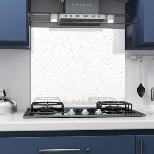 BELOFAY 60x70cm White Sparkles 6mm Tempered Glass Splashback for Kitchen, 6mm Toughened Glass Heat Resistant Splashbacks for Cookers