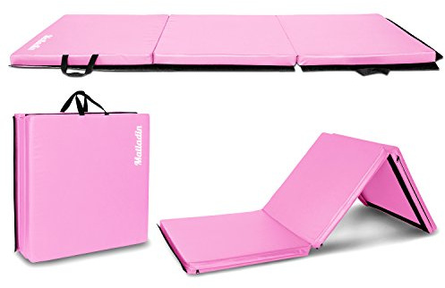Matladin 6' Folding Tri-fold Gymnastics Gym Exercise Aerobics Mat, 6ft x 2ft x 2in PU Leather Tumbling Mats for Stretching Yoga Cheerleading Martial Arts (Pink)