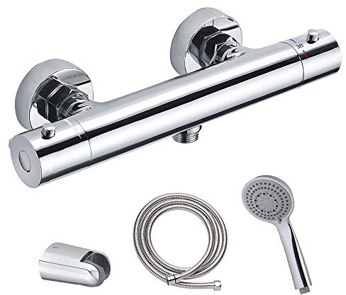 Thermostatarmatur für Dusche PAR mit Messing-Griffen, inklusive Edelstahl-Schlauch, Handbrausegriff und Brausehalter