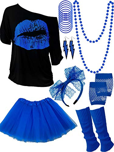 80er Jahre Outfit Kostüm Zubehör für Frauen Neon T-Shirt Tutu Rock für Halloween