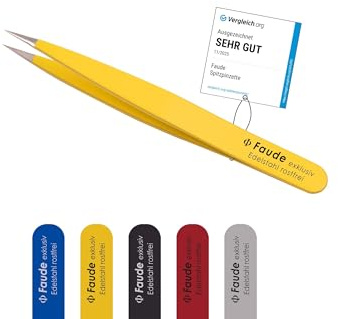 FAUDE Spitzpinzette fein und präzise für Splitter, Spreißel, Dornen und eingewachsene Haare. Edelstahl 10cm (gelb)