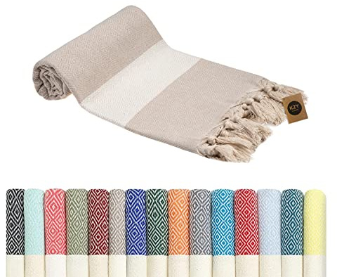 KZY LONDON Beach Towel - Large Turkish Beach Towels for Camping, Swimming, Bath, Gym, Picnic - Quick Dry, Super Absorbent, Lightweight, Compact Cotton Hammam Towels for Adults, Men, Kids (Beige)