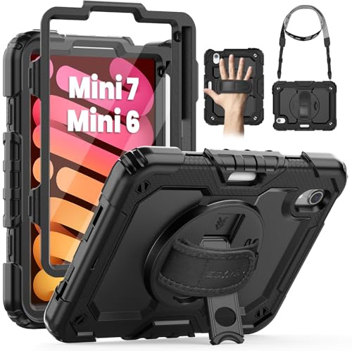 SEYMAC Hülle für iPad mini 7/6 8,3 Zoll 2021-für iPad mini A17 Pro, Schwarz | Stoßfeste Hülle mit Displayschutzfolie, 360°Drehbarem Ständer, Handschlaufe, Schultergurt, Stifthalter, Arbeit/Outdoor&Alltag