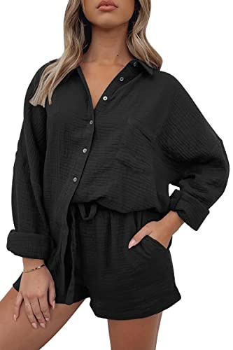 AUTOMET 2 Piece Outfits For Women Lounge Sets Pajama Sets Long Sleeve Button Down Oversized Shirts And Shorts Fall Tracksuit