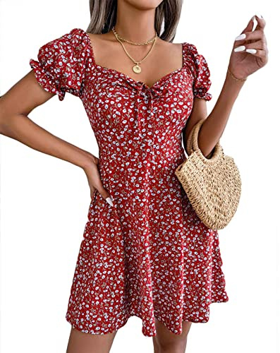 CheChury Vestiti Donna Estivi Mini Abito Casual Morbido a Maniche Corte Estivo Stampa Casual Vintage rétro Boho Maxi Abito da Spiaggia Cocktail Pizzo Dress
